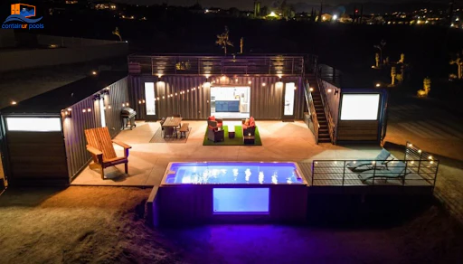 Night swim in container pool at Joshua Tree Airbnb