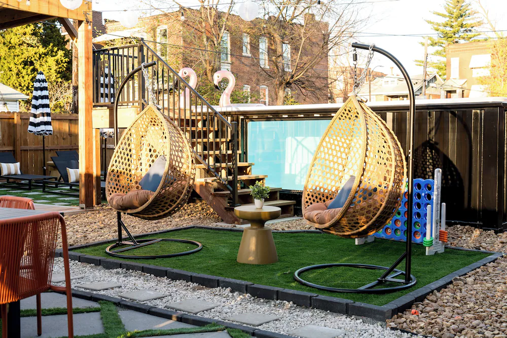 Stairs leading up to an above-ground container pool in a St. Louis backyard